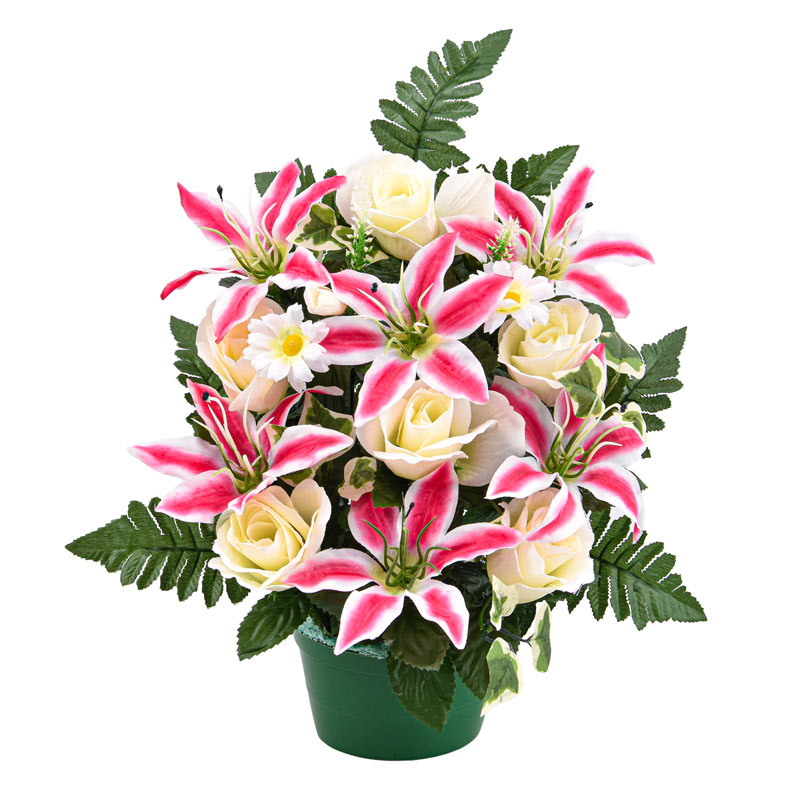 Potée de lys tigre et roses rose artificielle
