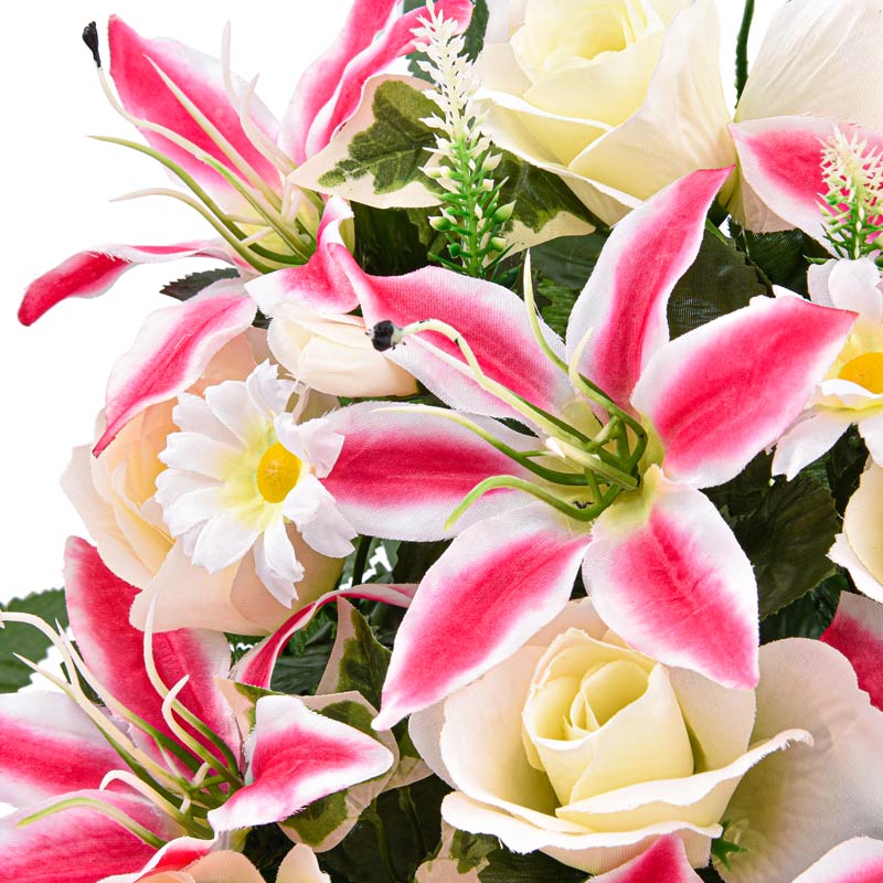 Potée de lys tigre et roses rose artificielle