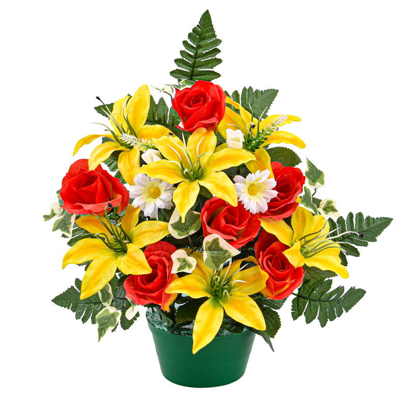 Potée de lys tigre et roses jaune artificielle