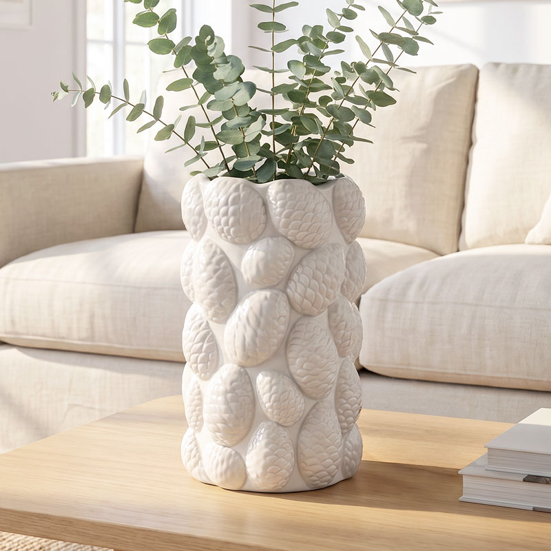 Vase pommes de pin 'Coeur d'Automne' blanc