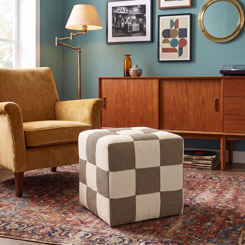 Pouf retro 'Damier' kaki et blanc