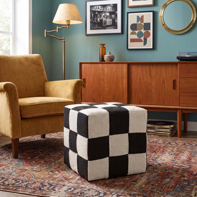 Pouf retro 'Damier' noir et blanc