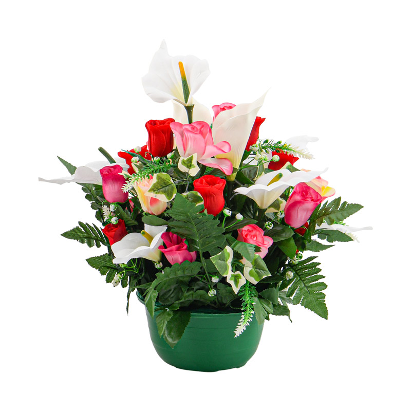 Potée d'arums et boutons de rose rose violet