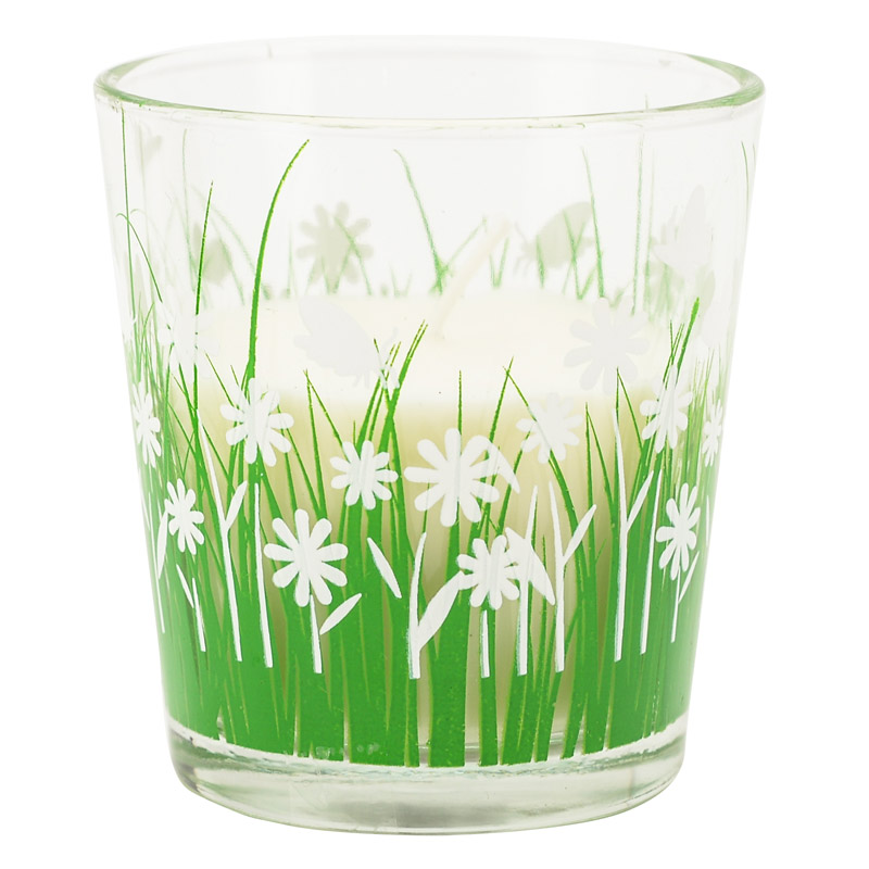 Bougie dans photophore 'Herbe fleurettes'