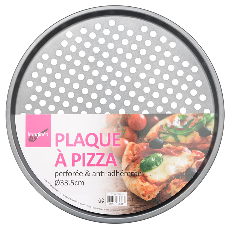 Plaque à pizza perforée gris en acier revetement anti-adhesif - L