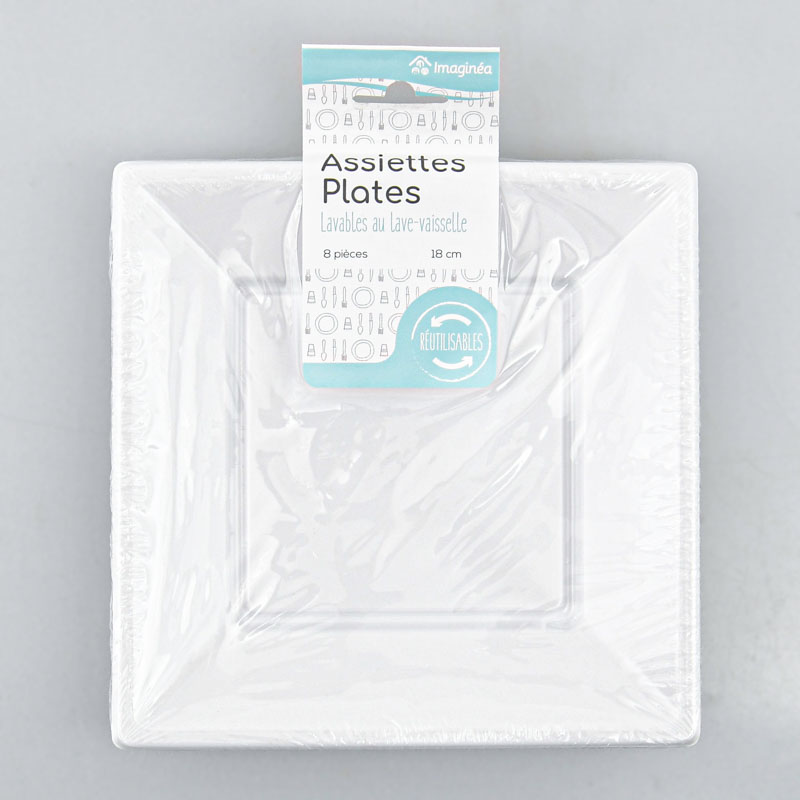 8 assiettes carrées réutilisables blanches