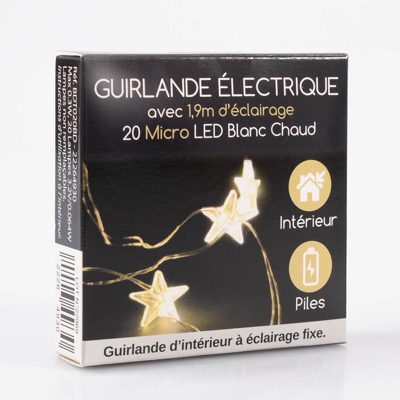 Guirlande lumineuse 20 LED blanc chaud, piles