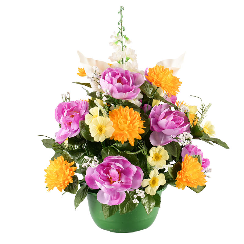 Potée de chrysanthème, arums et delphinium