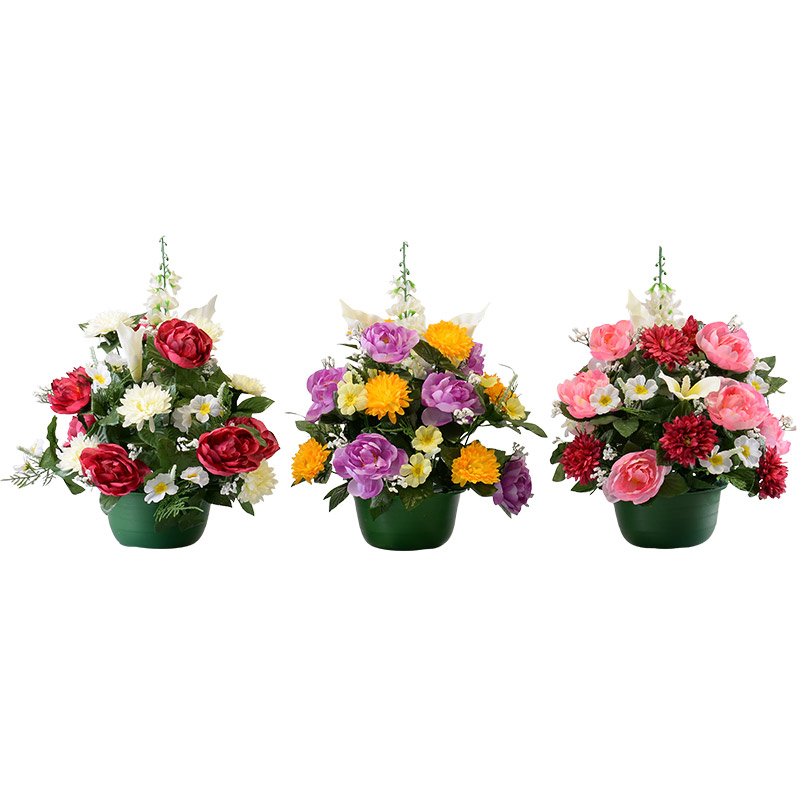 Potée de chrysanthème, arums et delphinium