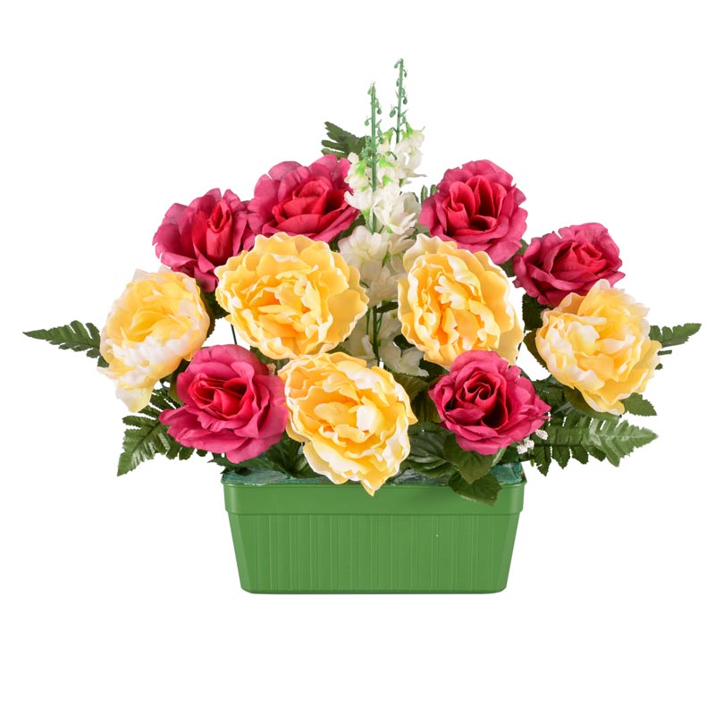 Jardinière pivoines, roses et delphinium