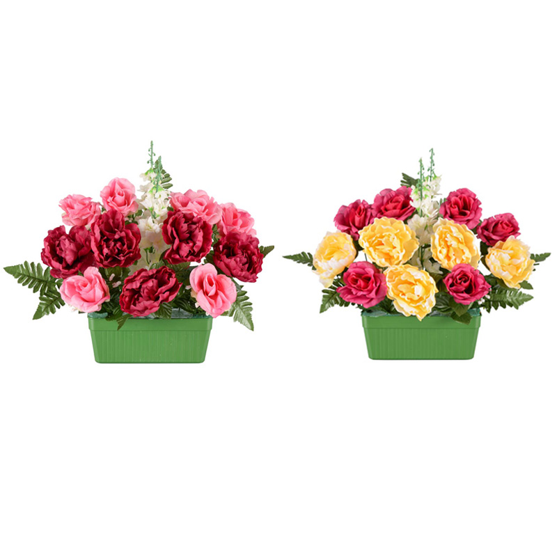 Jardinière pivoines, roses et delphinium