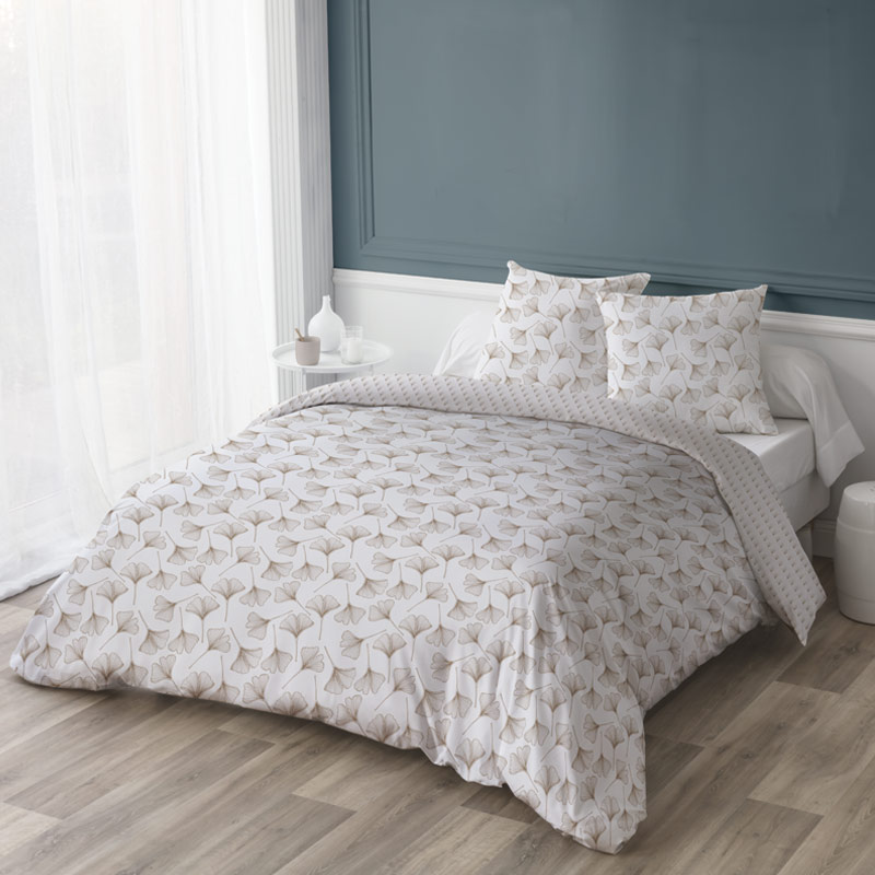 Parure de lit orné d'un fin motif de gingko en blanc-anthracite » linge-de- lit.ch