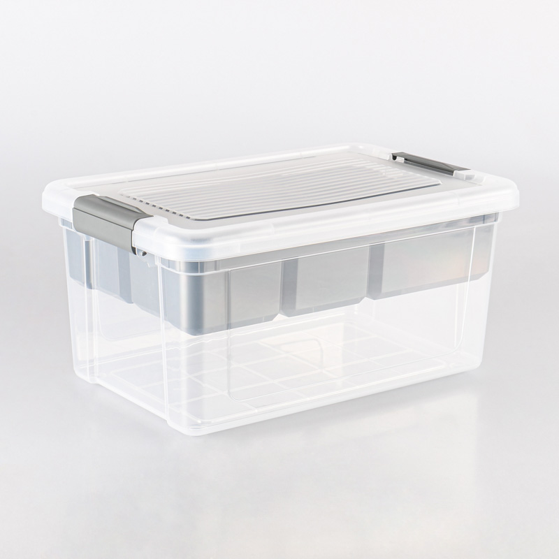 Bac plastique transparent avec couvercle pour rangement bureau