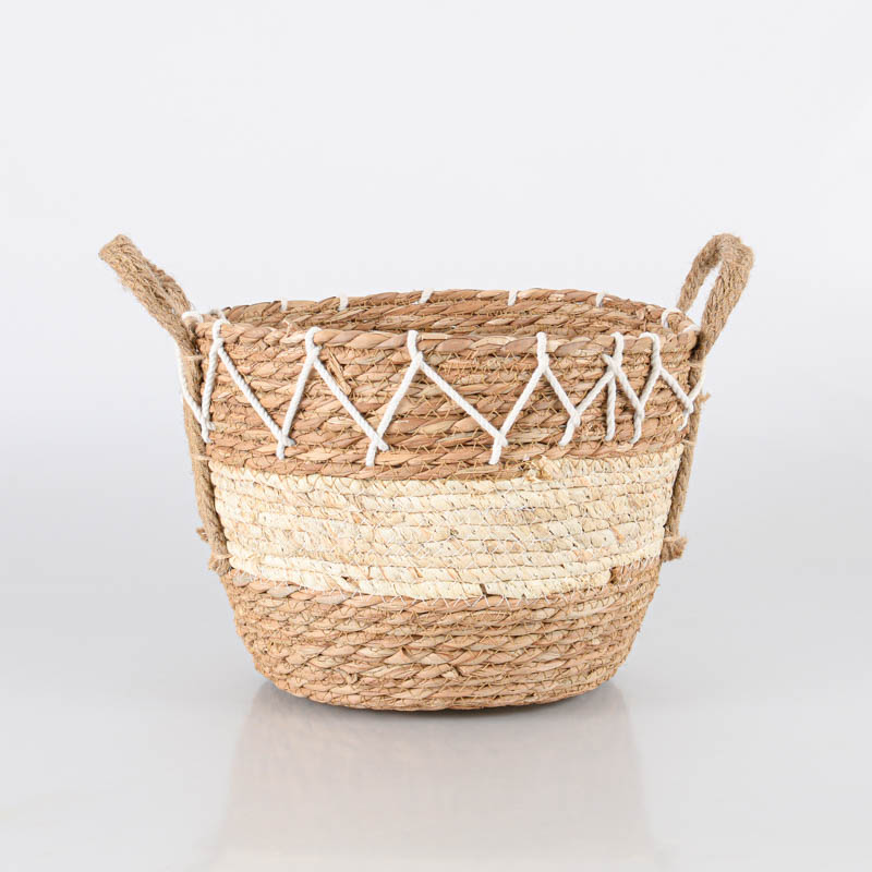 Panier/cache pot bicolore beige et blanc