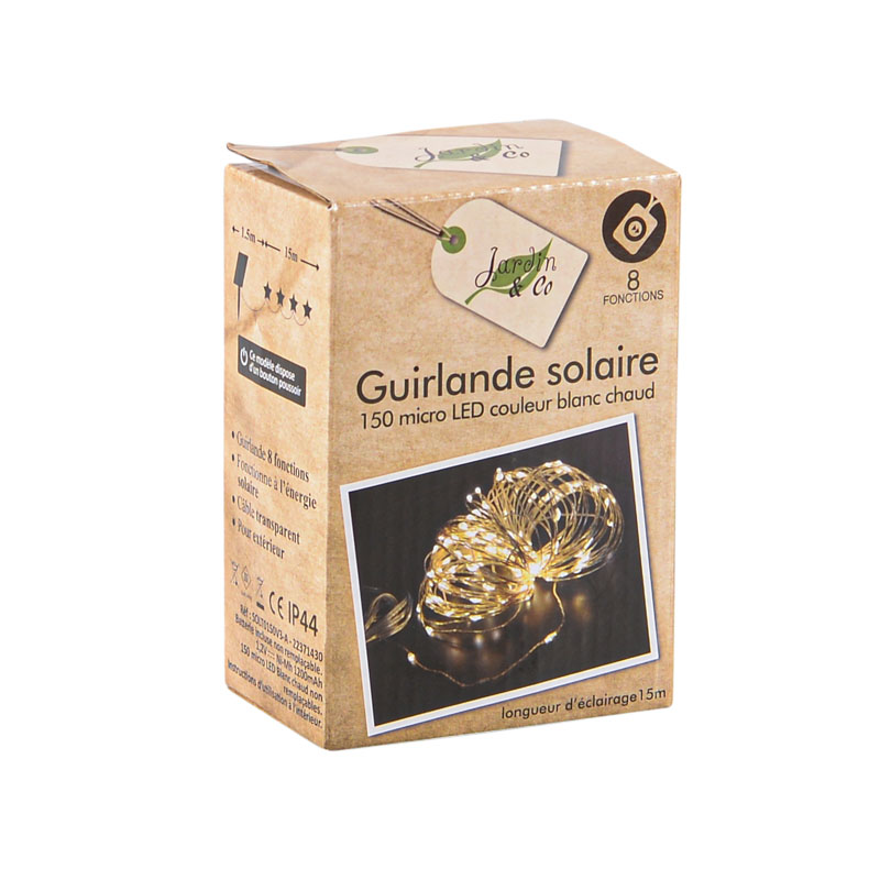 Guirlande solaire 150 micro LED blanc chaud