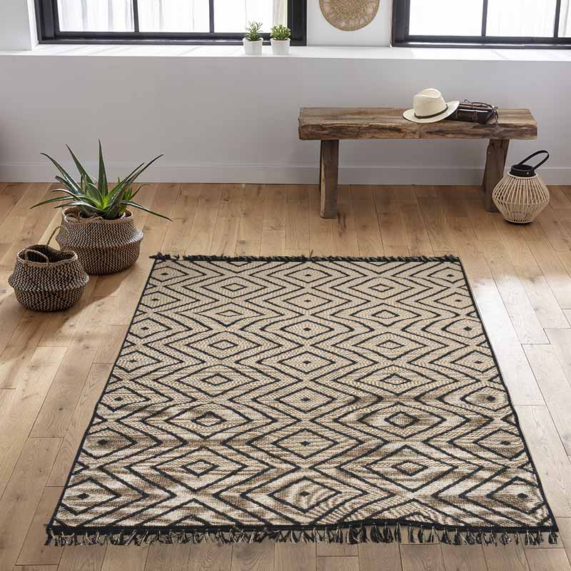 Tapis 'Frag' avec franges beige et noir