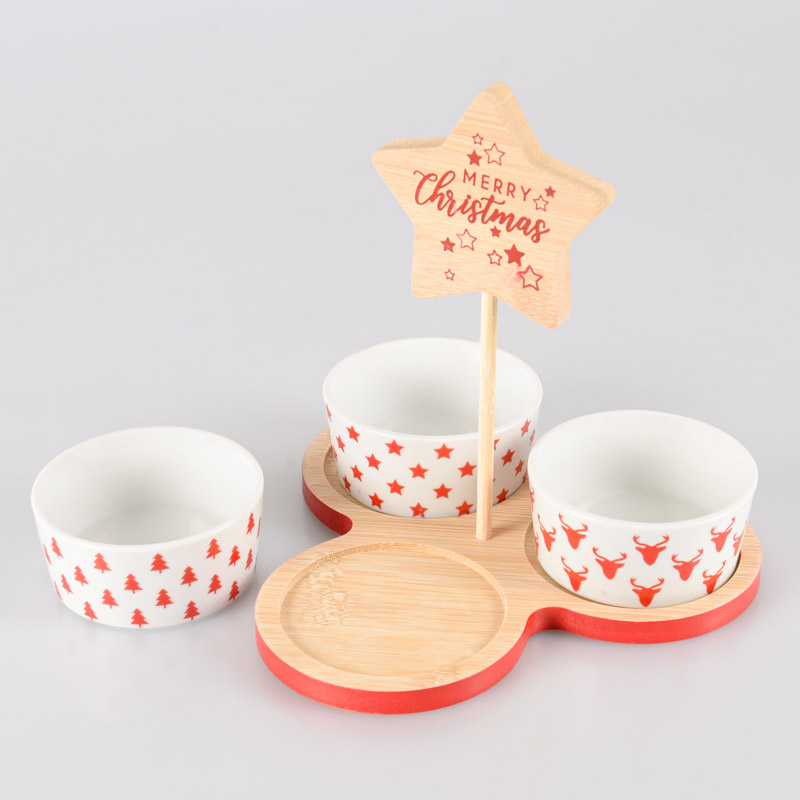 Set apéro avec 3 coupelles et support en bambou + porcelaine - L