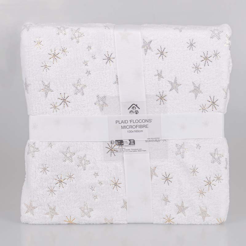 Plaid microfibre 'Flocons' blanc et doré