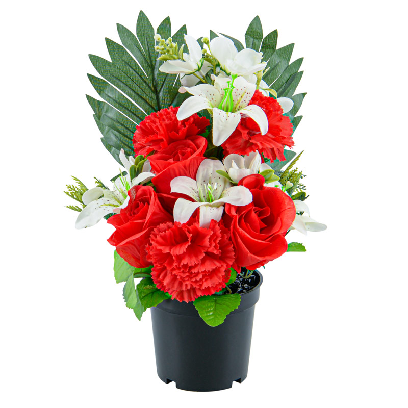 Potée artificielle de roses, lys et oeillets