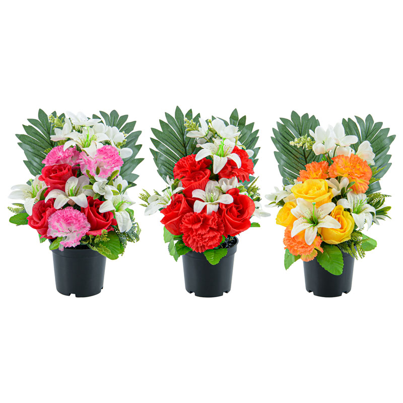 Potée artificielle de roses, lys et oeillets