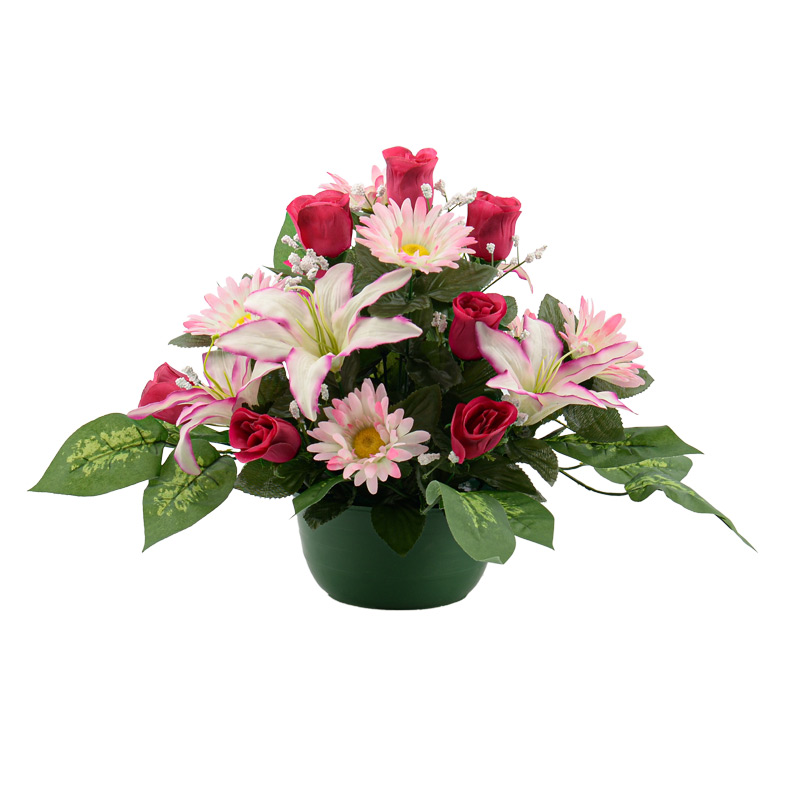 Potée de boutons de rose, gerberas, lys tigre