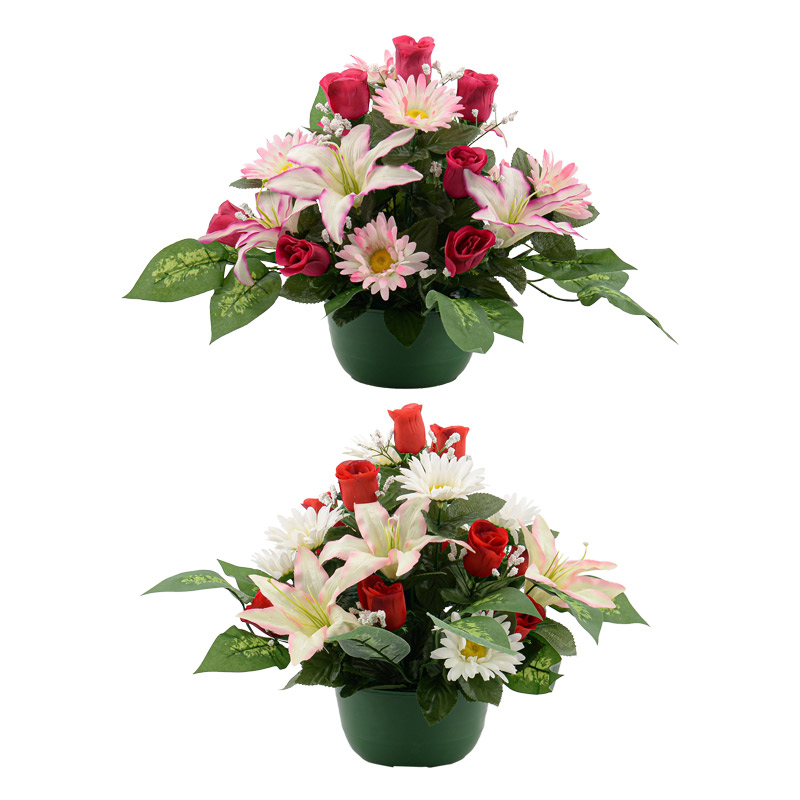Potée de boutons de rose, gerberas, lys tigre