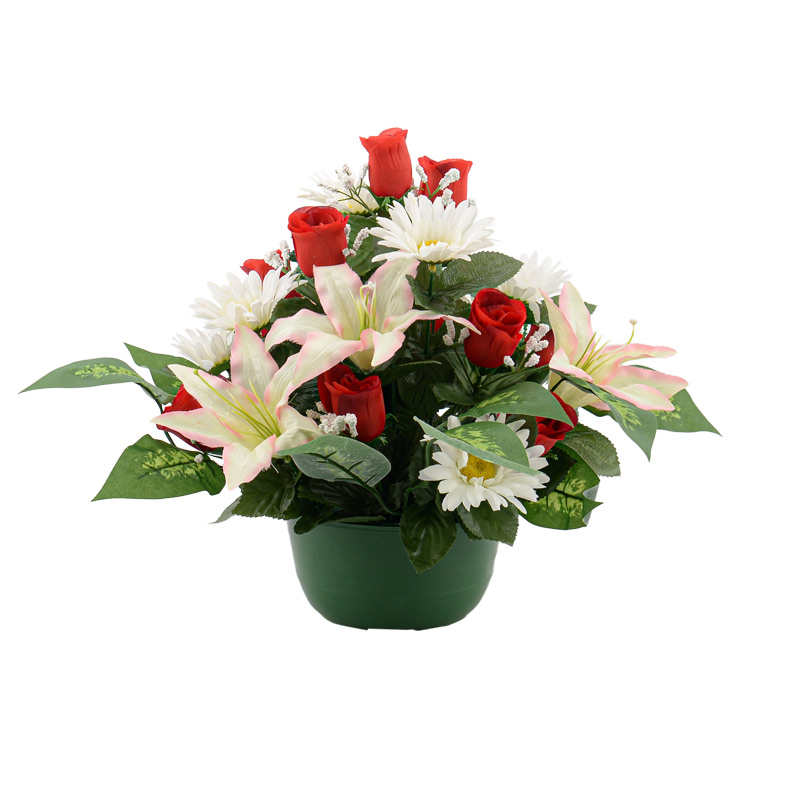 Potée de boutons de rose, gerberas, lys tigre