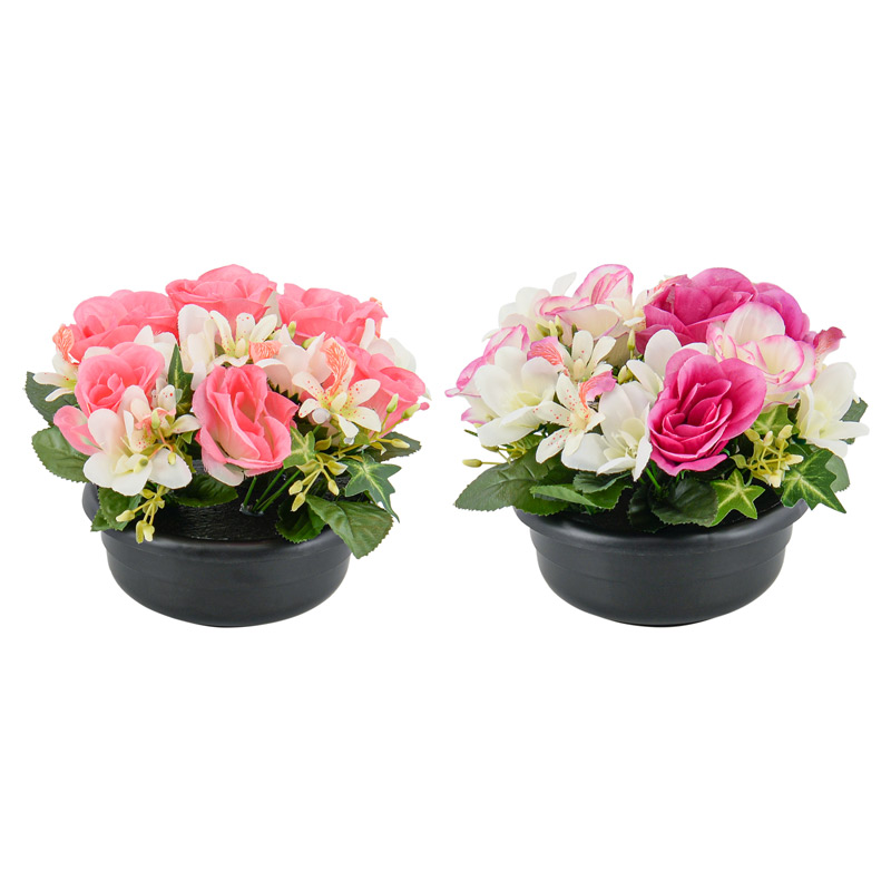 Potée artificielle de roses et freesias 