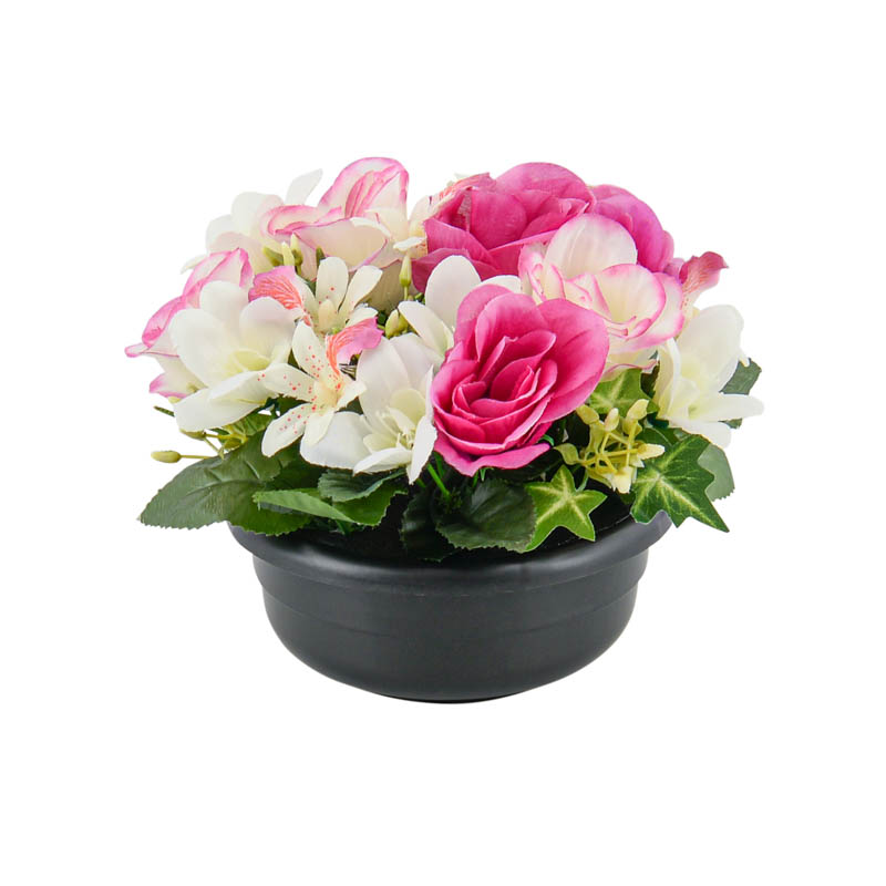Potée artificielle de roses et freesias 