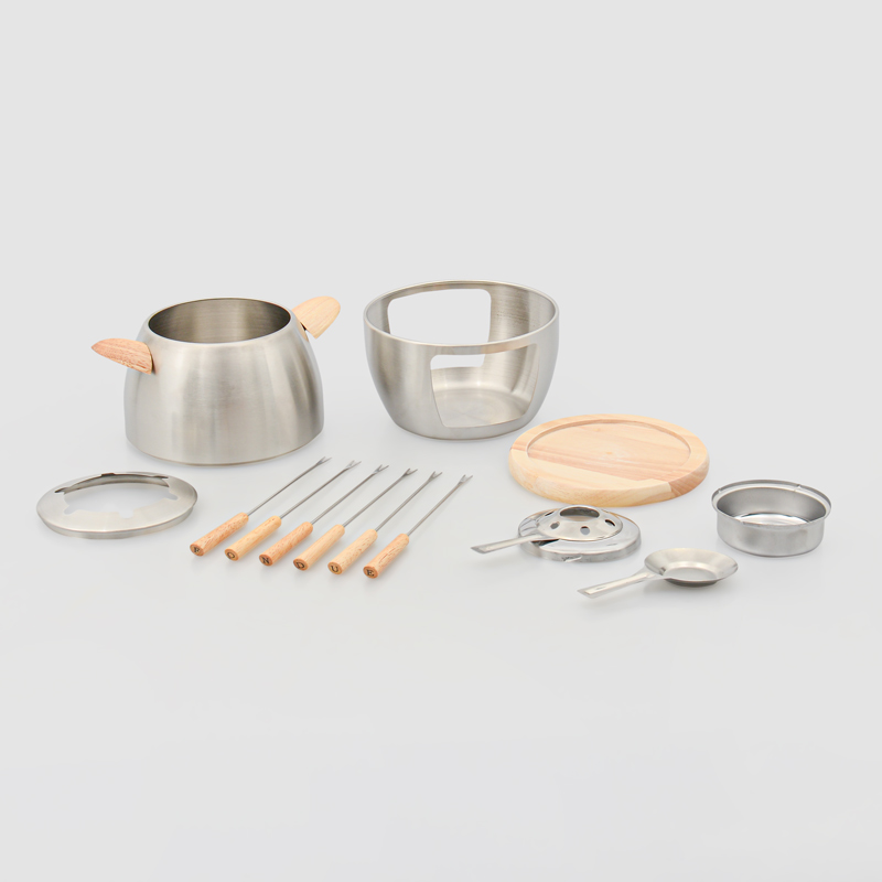 Service à fondue avec plateau en bois 
