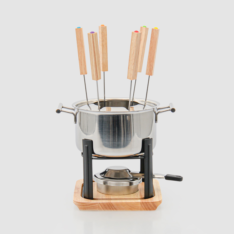 Service à fondue avec plateau en bois 
