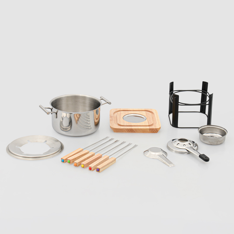 Service à fondue avec plateau en bois 