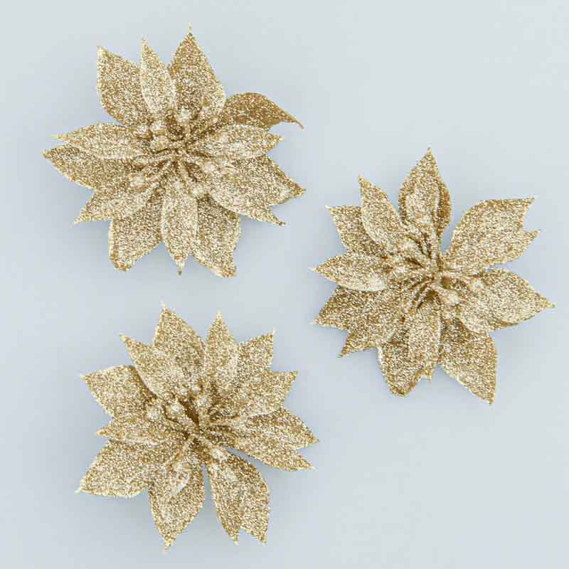 Lot de 3 pinces fleurs de Noël doré