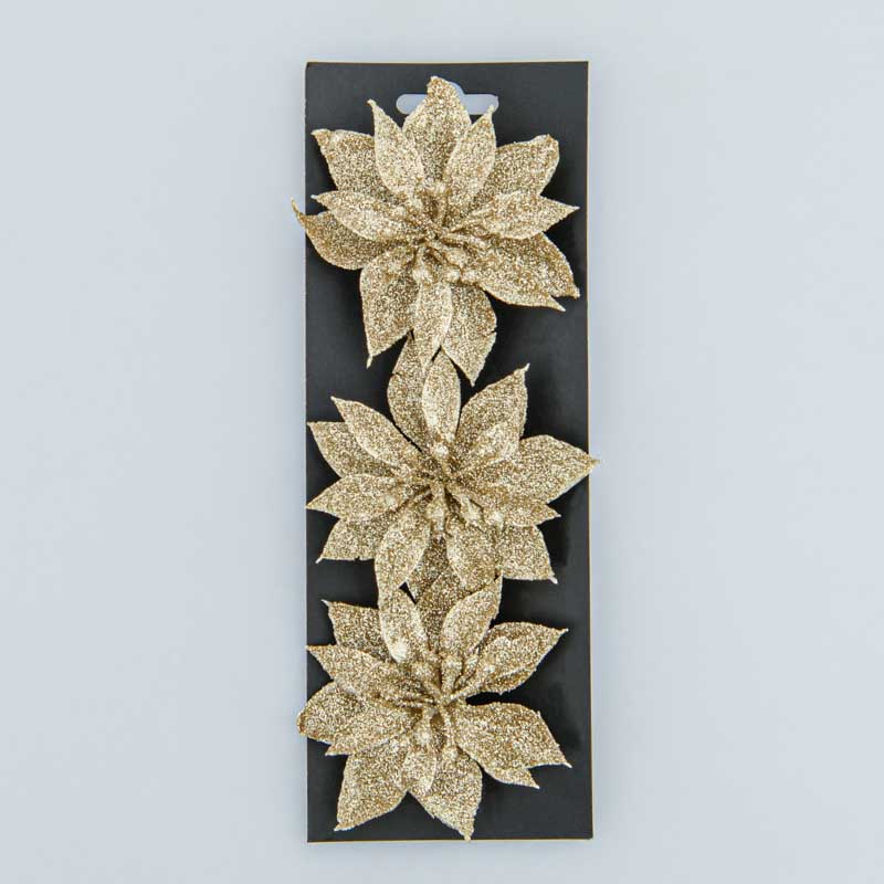 Lot de 3 pinces fleurs de Noël doré