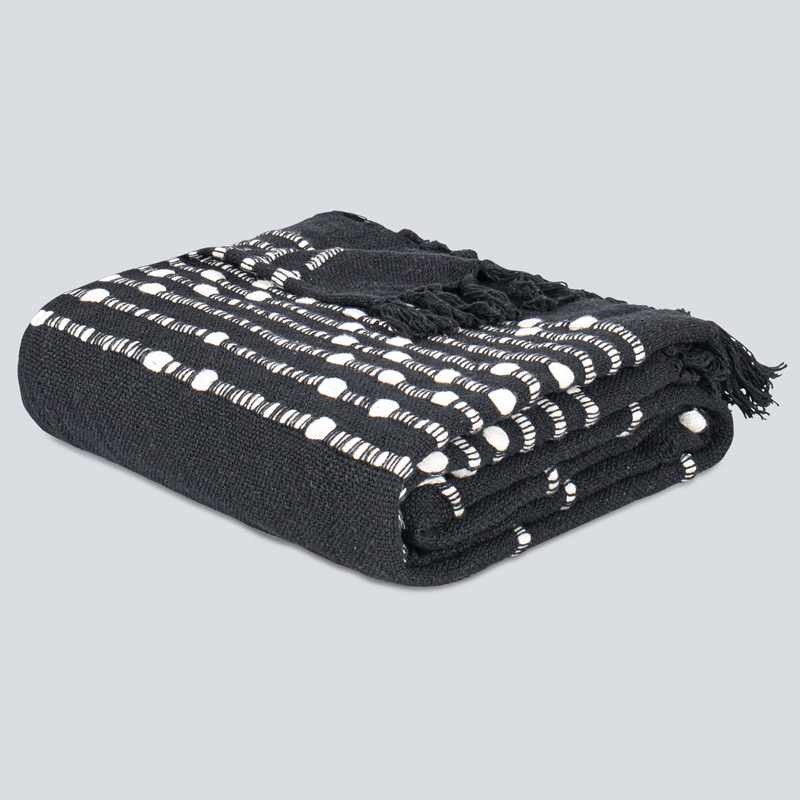 Plaid 'Maneya' avec franges coton tufté noir