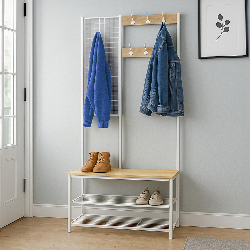 Armoire Vestiaire Multifonction Avec Étager à Chaussures Et Crochets - Meuble Rangement Entrée (Blanc, 75x35x195 Cm)