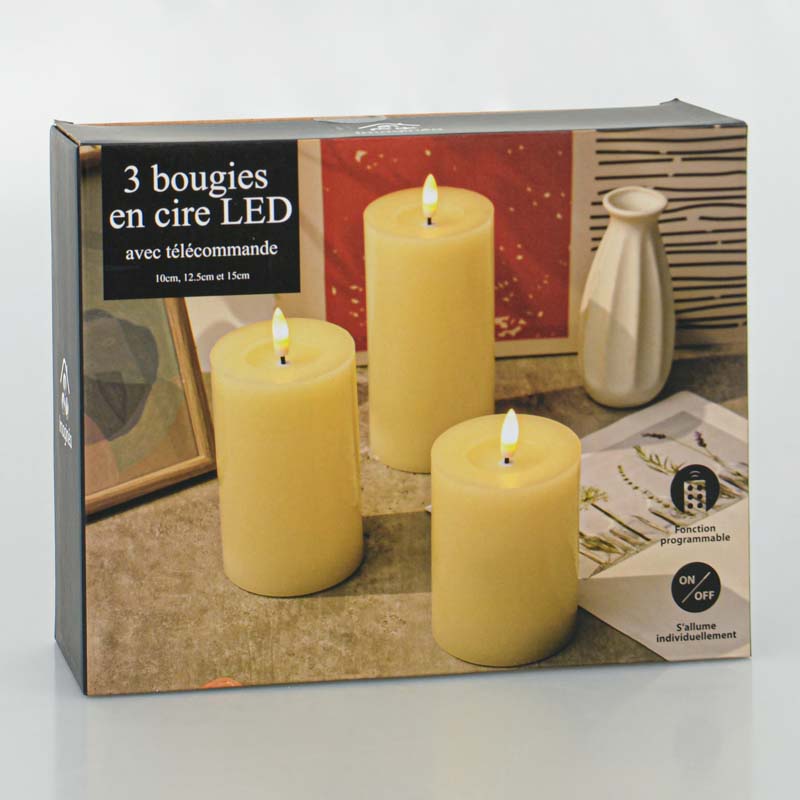 3 bougies en cire led programmables