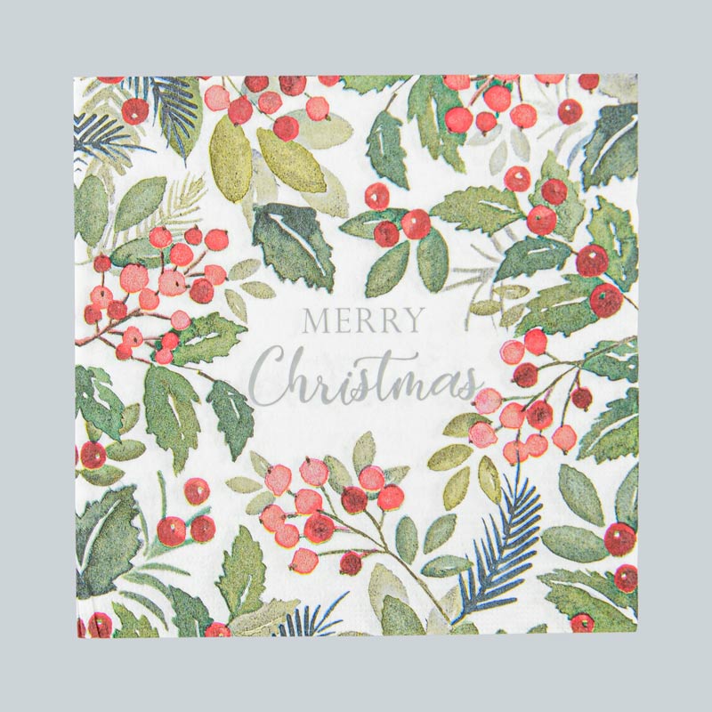 Lot de 12 serviettes baies de Noël blanches