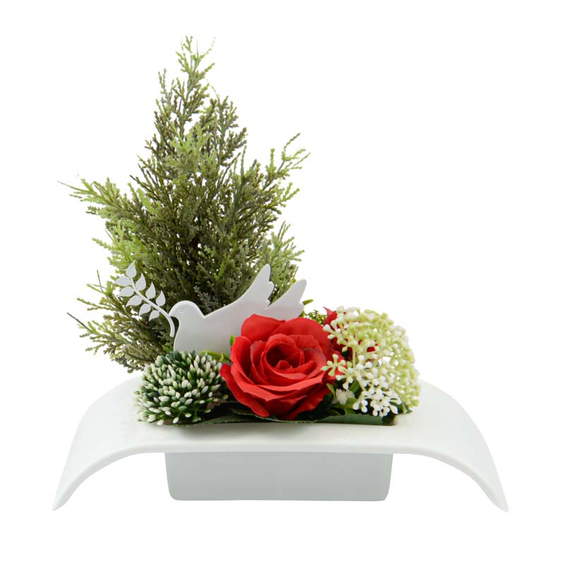 Composition florale sur plateau avec colombe