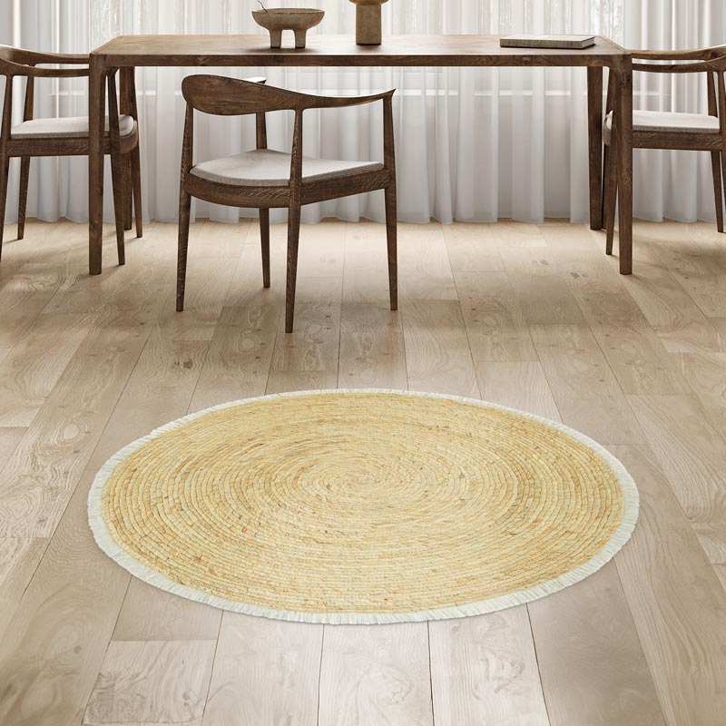 Tapis 'Bali' rond bord franges écru