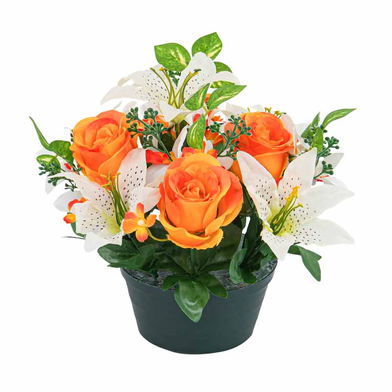 Petite coupe de roses, lys et orchidées
