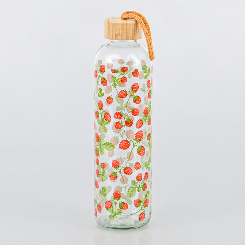Bouteille motifs fraises en verre 
