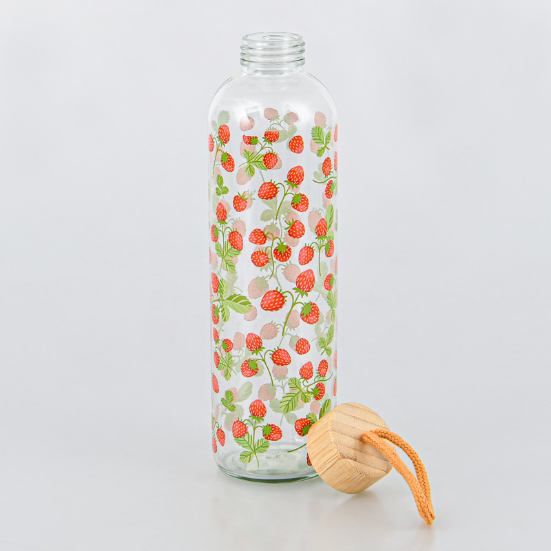 Bouteille motifs fraises en verre 