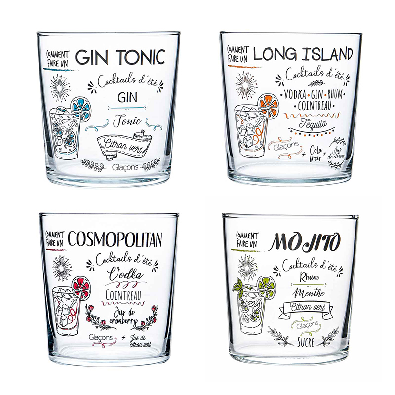 Lot de 4 verres à cocktail décorés 34cl 