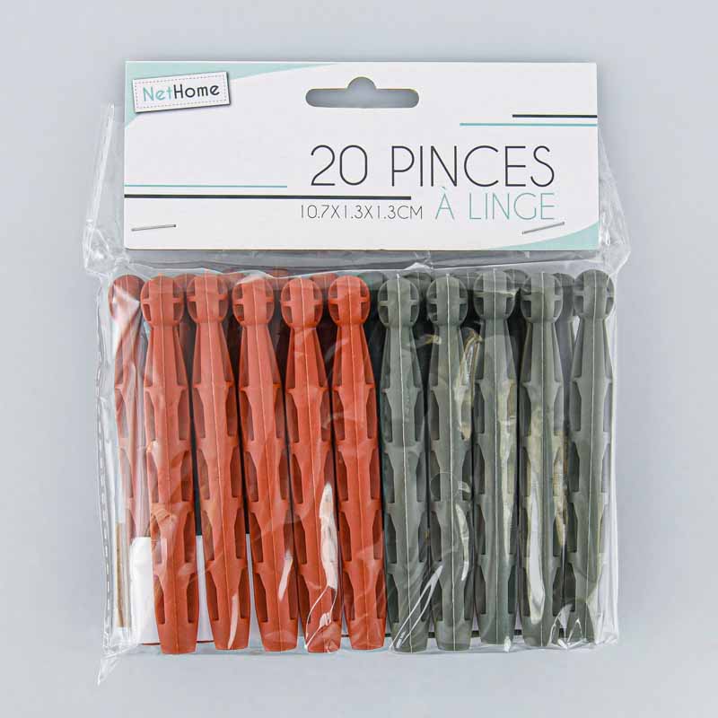 Lot de 20 pinces à linge gris et terracotta