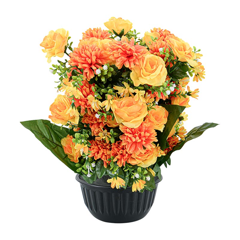 Potée de chrysanthèmes et roses jaune