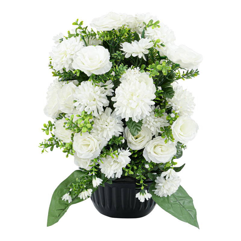 Potée de chrysanthèmes et roses blanc