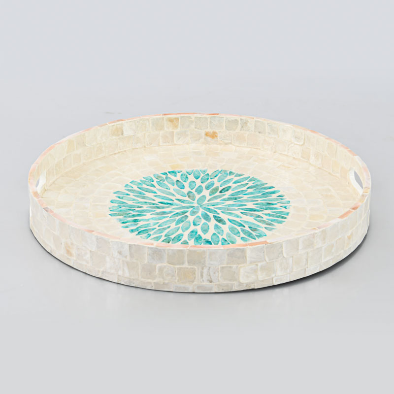 Plateau coquillages rond 'Azul' beige et bleu