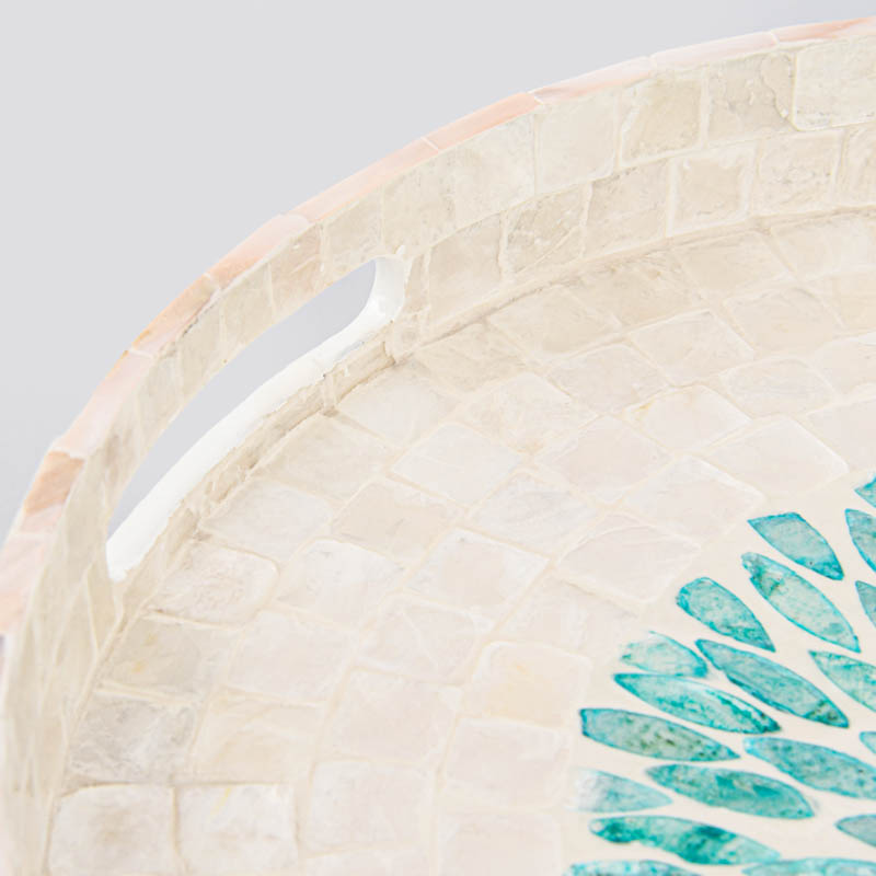 Plateau coquillages rond 'Azul' beige et bleu
