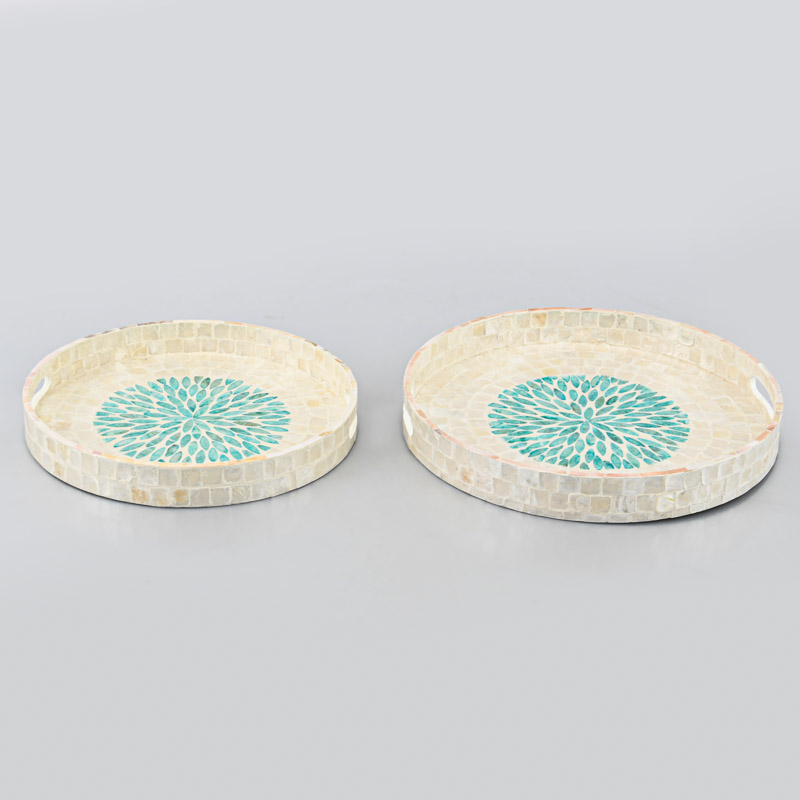 Plateau coquillages rond 'Azul' beige et bleu